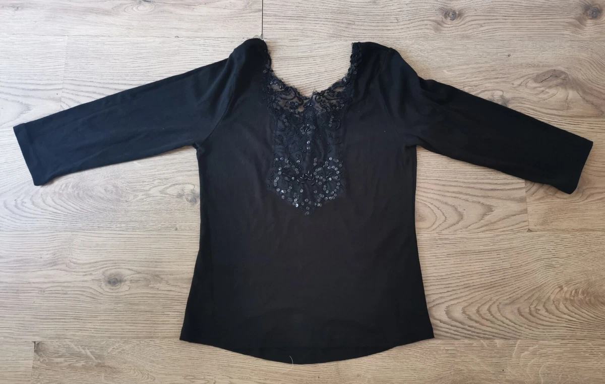 Ladies Size 14 Joanna Hope Black Sparkly Sequin Top 3 4 Sleeves