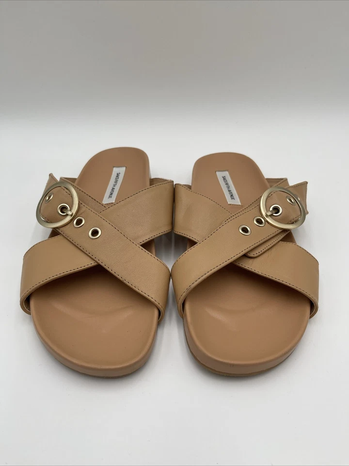 Saks Fifth Avenue JUDI Beige Leather Buckle Crossover Slide Sandals Women’s 7M - Image 2 of 4