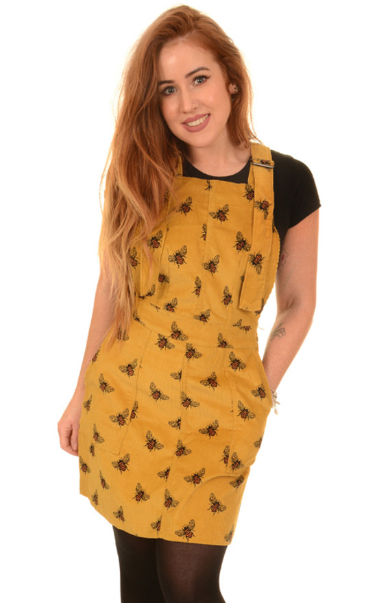 Abito Pinafore In Velluto A Coste Oro/Senape Con Ape - Run & Fly, Lunghezza Al Ginocchio