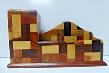 VINTAGE PARQUETRY INLAID WOODEN TIMBER LETTER FILE RACK DESK SET PEN STAND