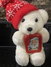 Vintage Dan-Dee White Teddy Bear Plush Stuffed Animal with Santa Picture 1988