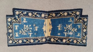 Antique Chinese Blue Saddle Wool Rug, Plum Flower Blossom, Butterflies, Lotus