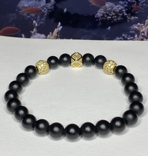 Men’s Natural 7.5” Matte Onyx Bracelet Gold White Micro Pave Zircon Charm. - Picture 4 of 6