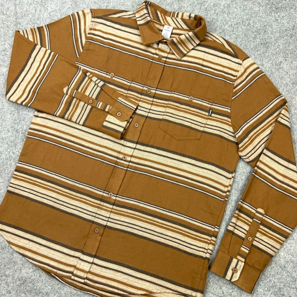 Camisa Hurley Para Hombre Mediana Marrón Rayas Portland Franela Algodón Orgánico Bolsillos Foto 2 de 4