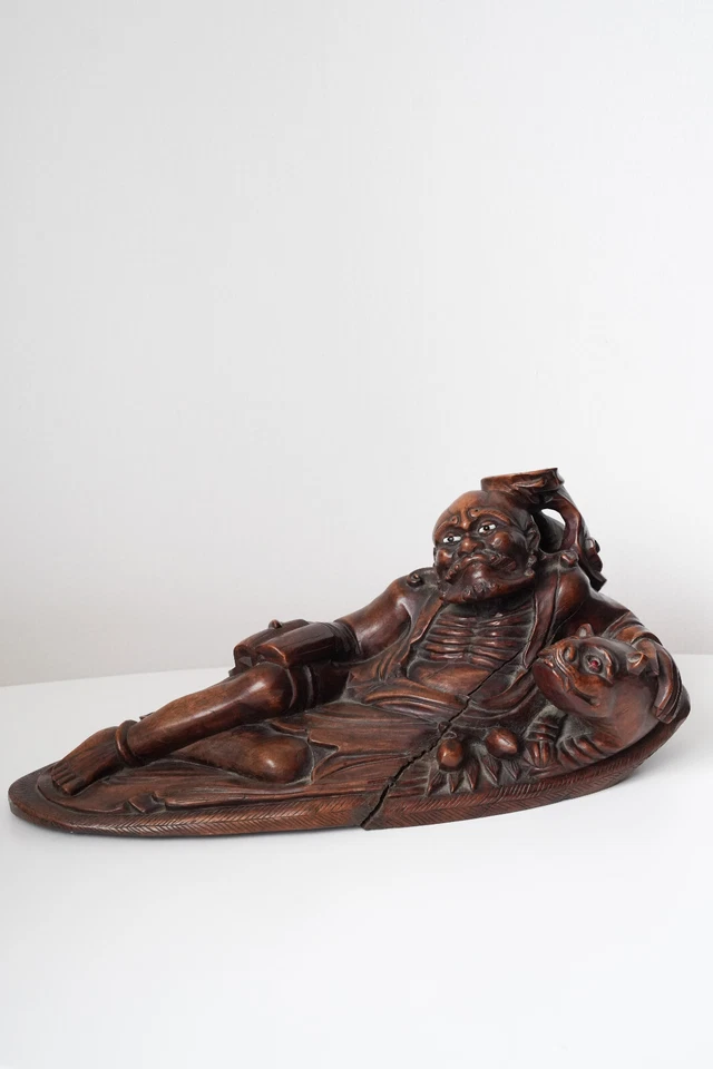 Bodhidharma de madera antigua + Foo Dog - Dinastía Qing - Raro - 42 cm/16,5 pulgadas Foto 2 de 4