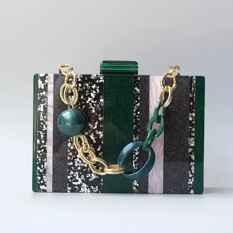 Women Striped Evening Handbag Green Black Color Wedding Box Clutch Purse Sequin - Image 4 of 4