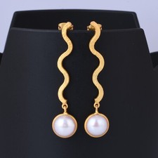 18k Gold Plated Mini Serpent Snake Handmade Dangle Earring For Women With Pearl