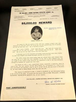 Burns Detective Agency Bobby Dunbar REWARD WANTED Poster Kidnapped 1912 Antique