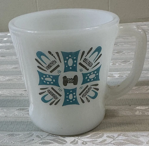 Vintage Fire King Blue Heaven Atomic Milk Glass Mug Rare Pattern slight staining