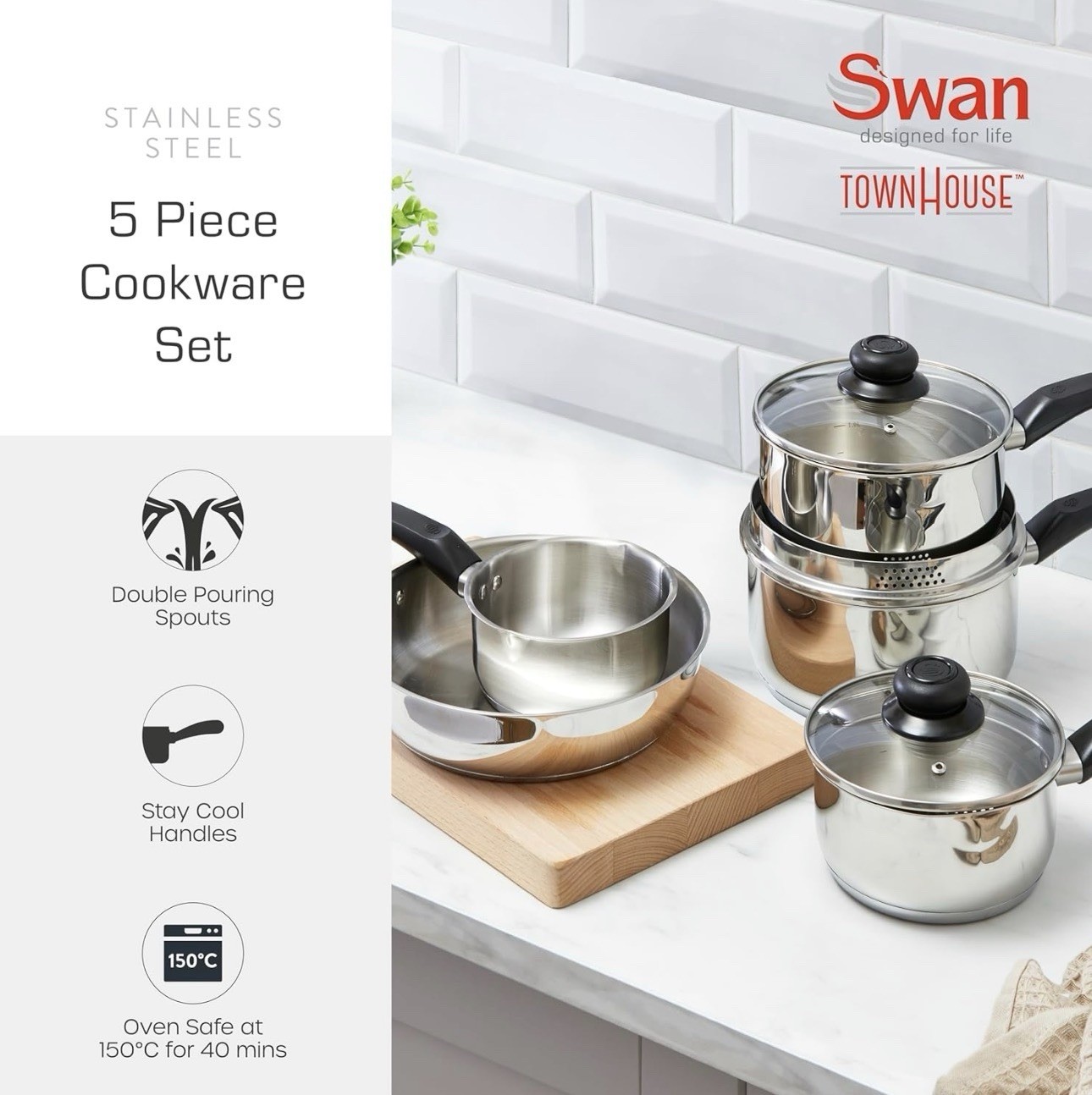 Swan Swan Townhouse 5 Piece Stainless Steel Cookware Set SWPS5024SS