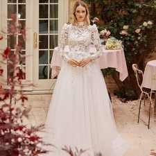 Elegant A-Line Wedding Dresses High Neck Long Sleeves Lace Flowers Bridal Gowns