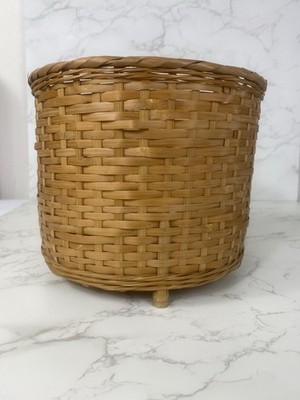 Vintage Bamboo Boho Wicker Planter/basket/bamboo Feet Elevated Base 