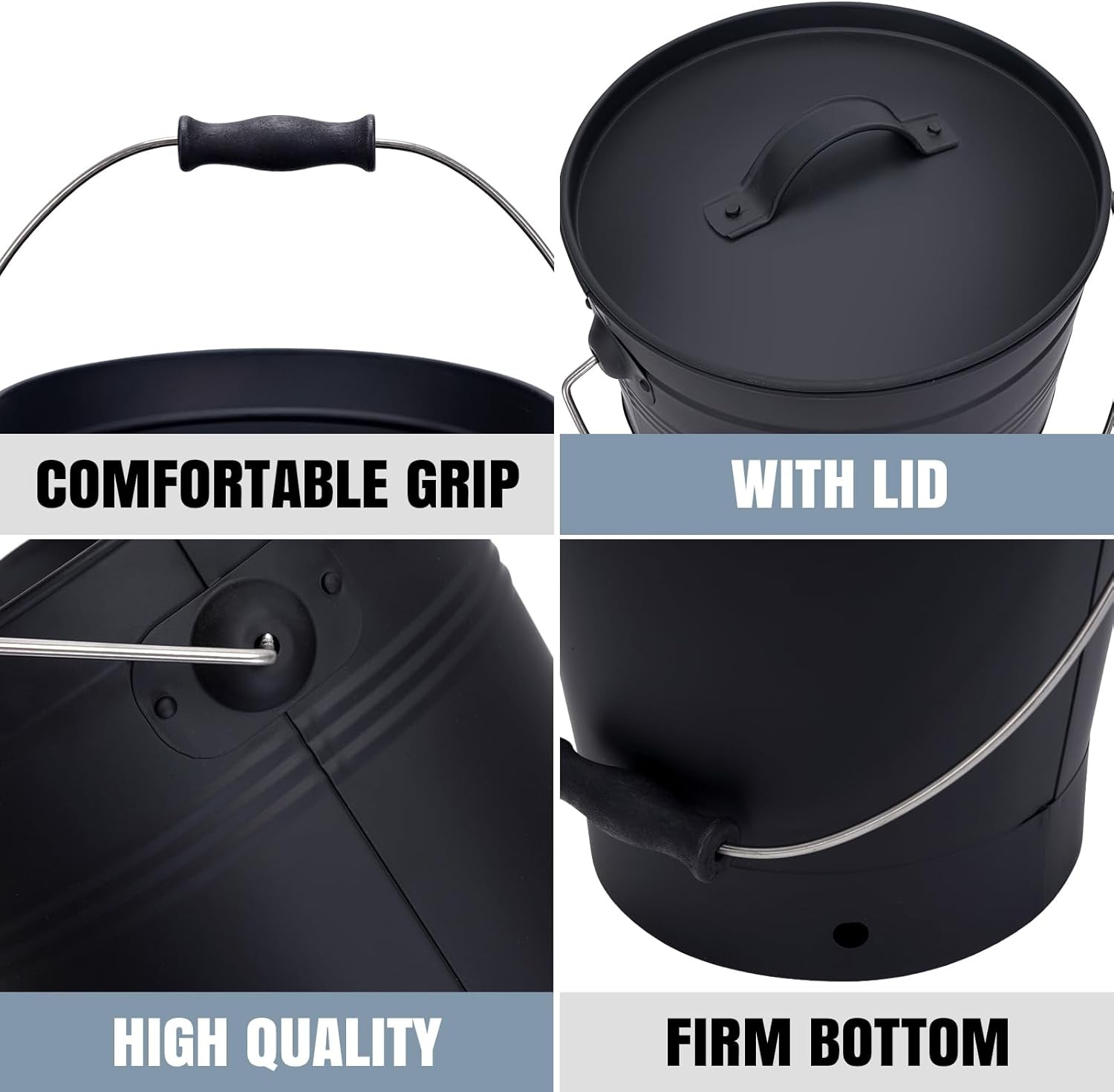 INNO STAGE Ash Bucket with Lid and Wood Handle Coal Shovel, 2.3 Gallon, Black 