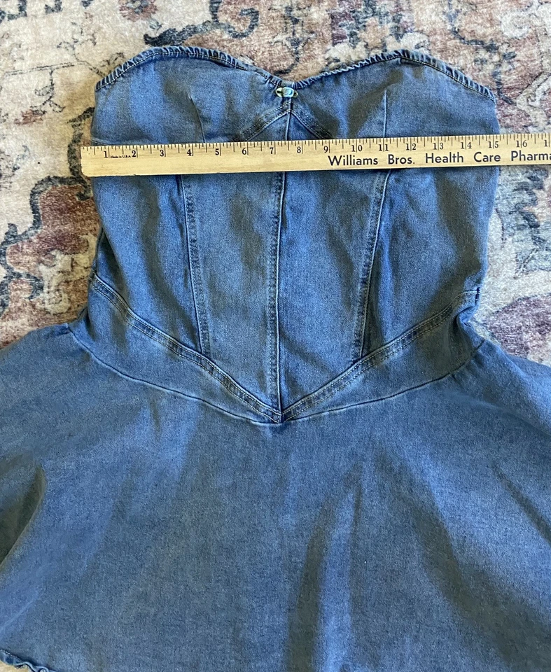 Женская XL джинсовой ткани Y2k бюстье корсет Jean рубашка с оборками без бретелек пеплум Топ  - Изображение 4 из 4