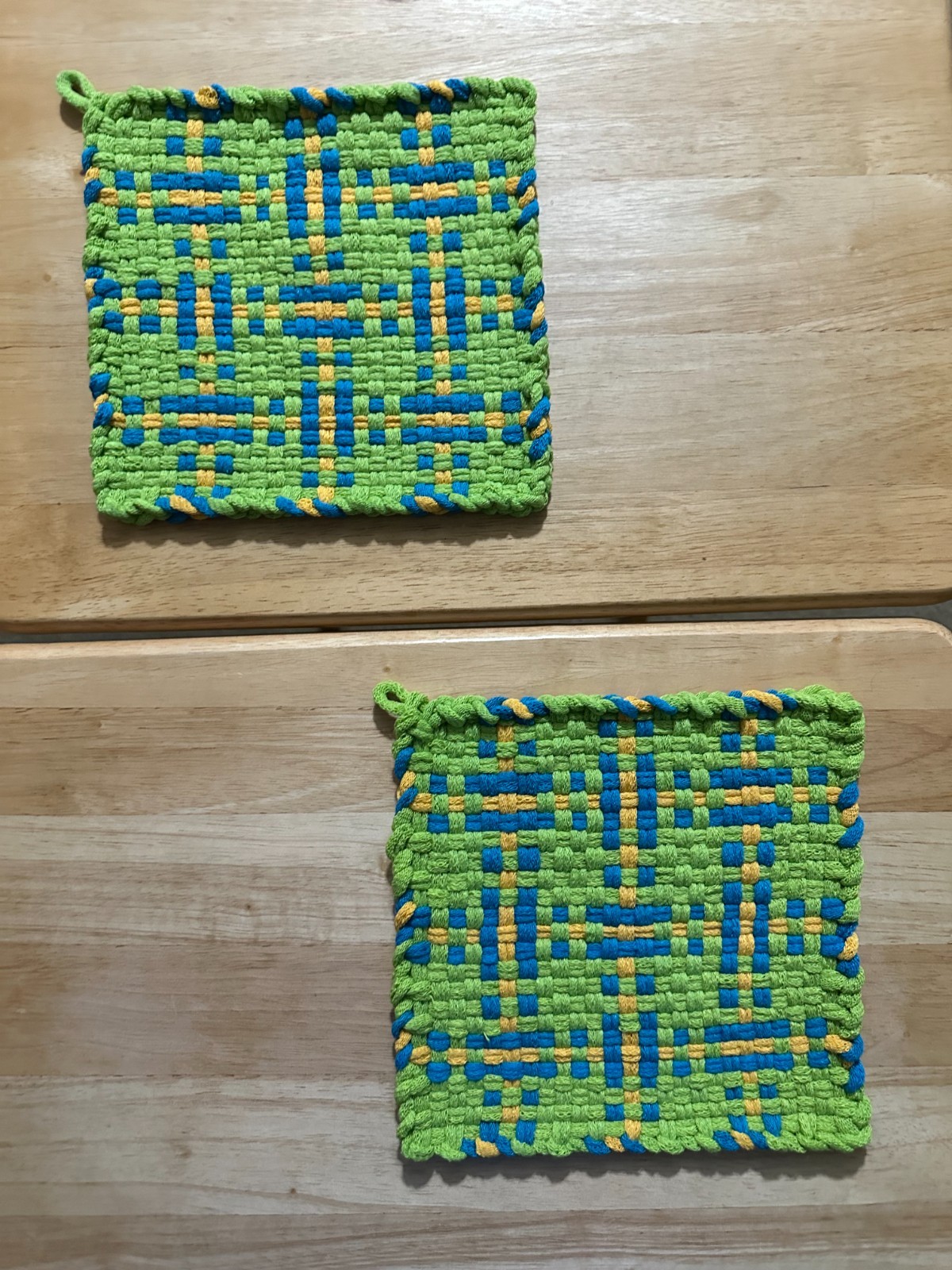 Handmade 2 LARGE 8 inch  Cotton Woven Potholders 3 Colors Lime Turquoise Yellow