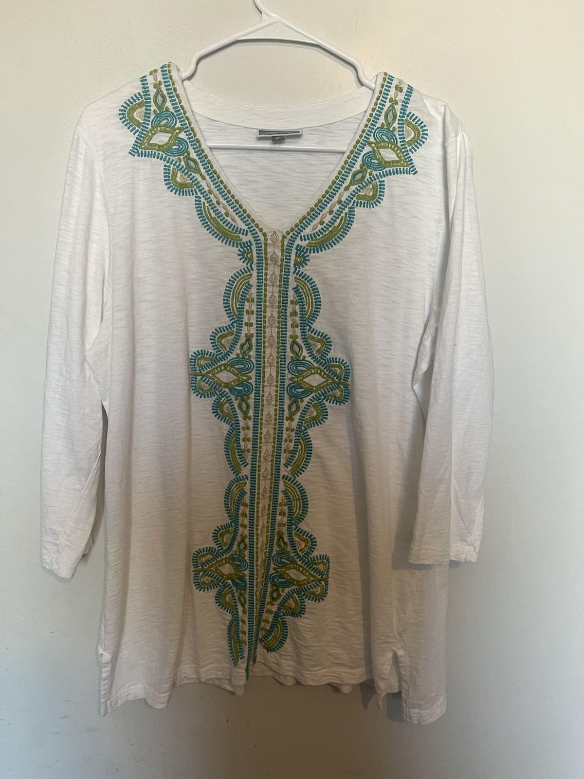 %100 Cotton Embroidered 3 Quarter Length Sleeve JM Collection Size XL Boho Top