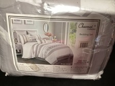 Luxury 7-Piece Chenille Geometric Embroidered Striped Comforter Set, Gray/White