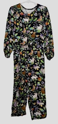 H&M Whooli Chen Girls Jumpsuit Forest Animal Rabbit Button Tie Sz 6 Kids Romper