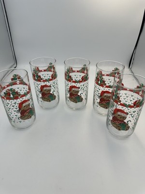 5 LIBBEY 5 3/4'' Tall, 16 Oz Clear Glasses With Christmas Bear W/gift - Vintage