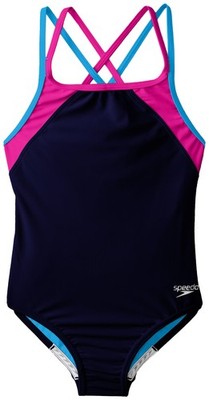 Speedo Girl's One Piece Swimsuit Navy Multi Straps Athletic Fit 14