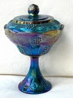 Vintage Iridescent Blue Carnival Glass Pedestal Bowl with Lid