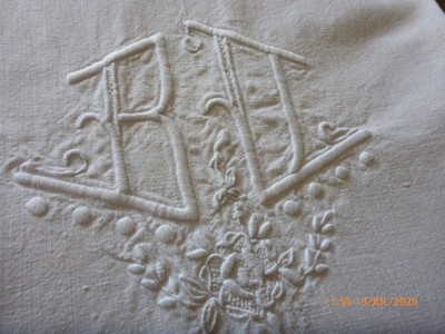 Vintage Französisch Leinen Top Sheet Monogramm BD Groß Weiß Bettlaken 85'' x 120''