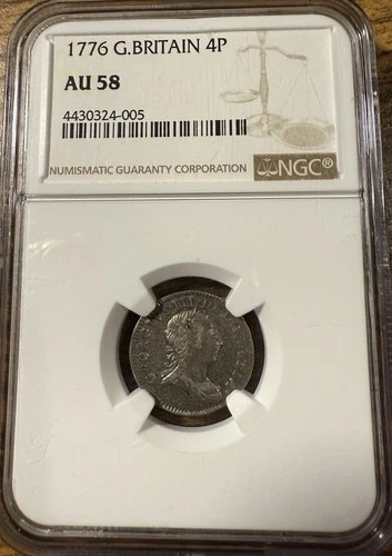 1776 Great Britain 4 Pence (4P) Maundy George III Silver Coin - NGC AU58 - RARE!
