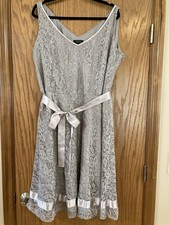 Tahiti Sleeveless Grey Lace Dress, Size 14W, Ribbon Trim And Belt, Side Zip