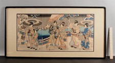 19thC Antique Japanese TOYOKUNI III Triptych Woodblock Print, The Four Seasons