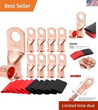 Heavy Duty Copper Battery Lugs - 10 Pcs 1/0 AWG Ring Terminals with Shrink Tubes