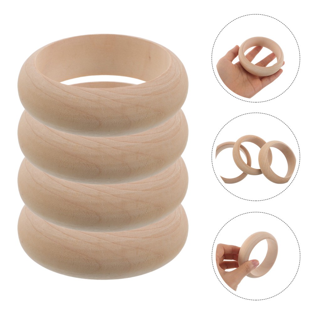  4pcs Wooden Bangle Bracelet - Log Retro Macrame Rings Unfinished Smooth Wood
