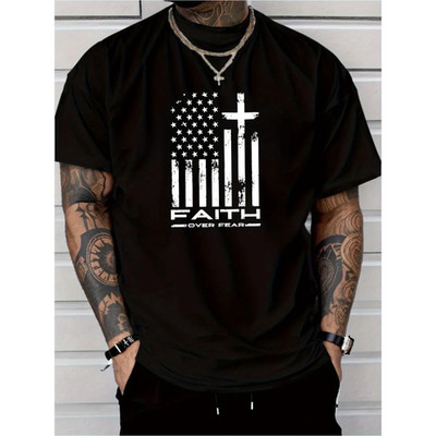 Faith Over Fear Shirt Christian Cross USA Flag Patriotic Graphic Tee