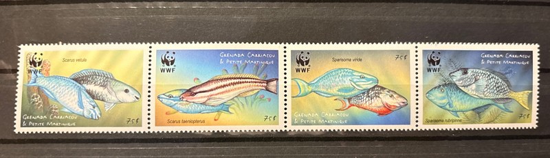 Grenada Carriacou, fish S.C.#2294  WWF MNH Complete strip of 4 as issued in 2001