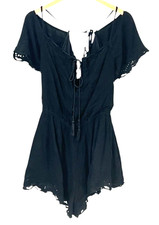 Free People Black Lace Up Romper M Boho Eyelet Tassel Backless Festival