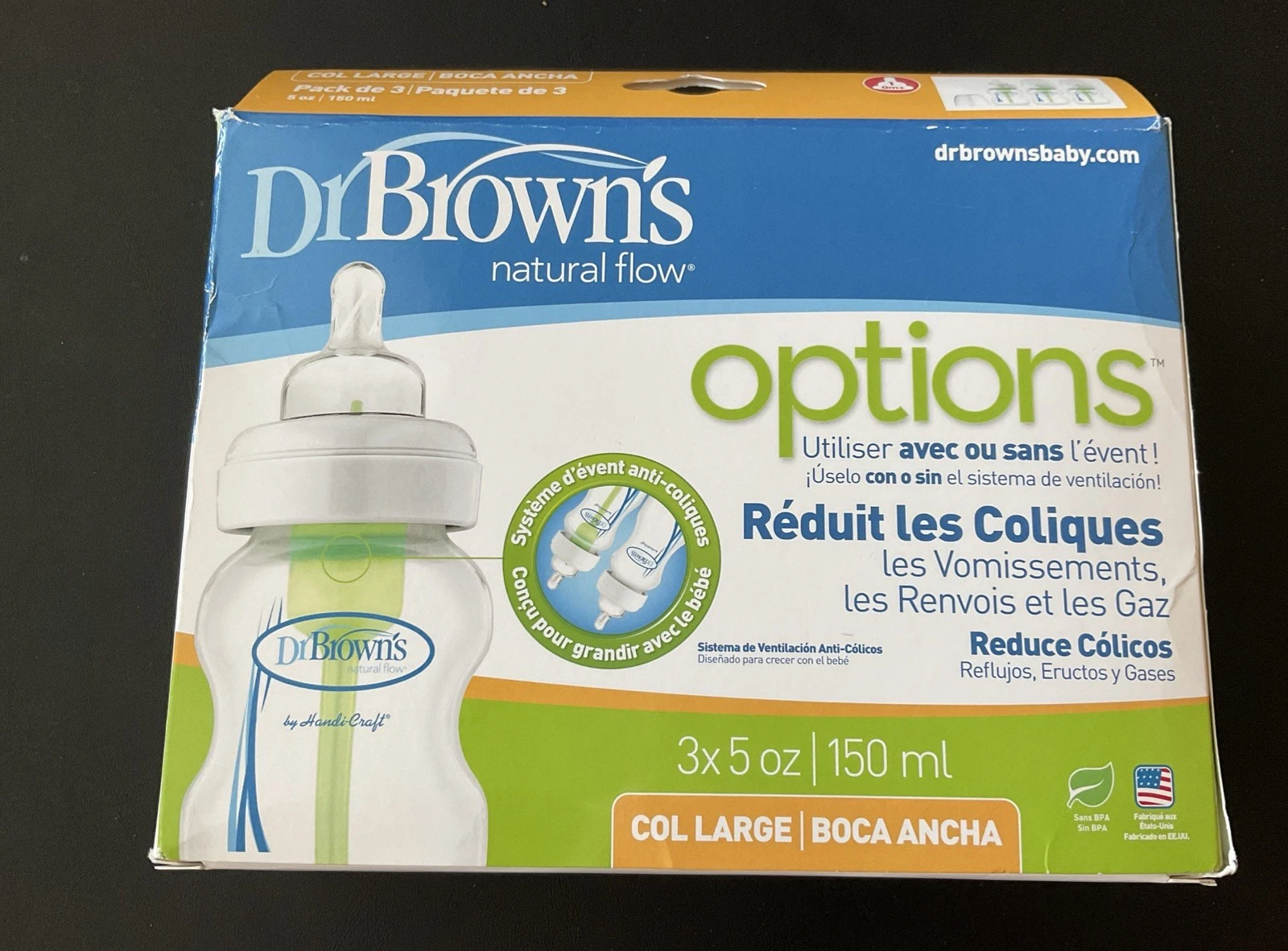 Dr Brown's Natural Flow Wide Neck 3 Ct. Baby Bottles 5oz. 150 ml Reduces Colic