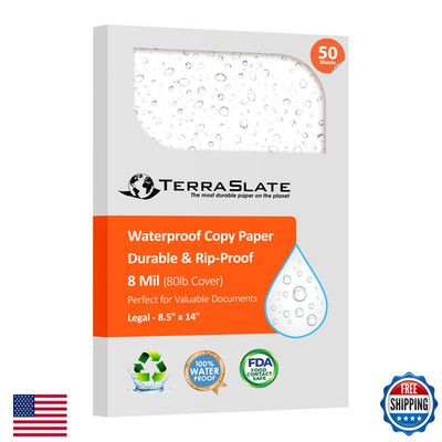 Terraslate Waterproof Laser Printer Paper 8 Mil 8.5X14 50 Sheets White Tear