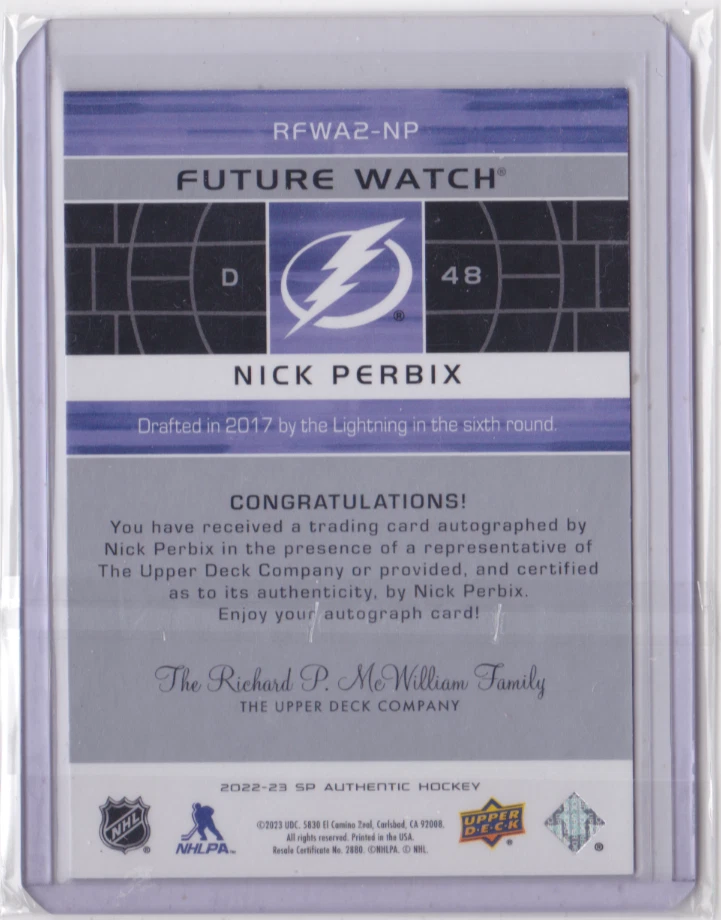 2022-23 UD SP AUTHENTIC FUTURE WATCH RETRO /399 NICK PERBIX #RFWA2-NP LIGHTNING - Image 2 of 2