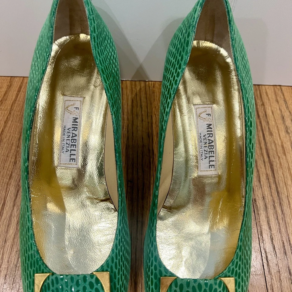 Vtg Italian Green Heels Venezia Designer 80s 7.5 Animal Skin Made In Italy Gold - Image 4 of 4
