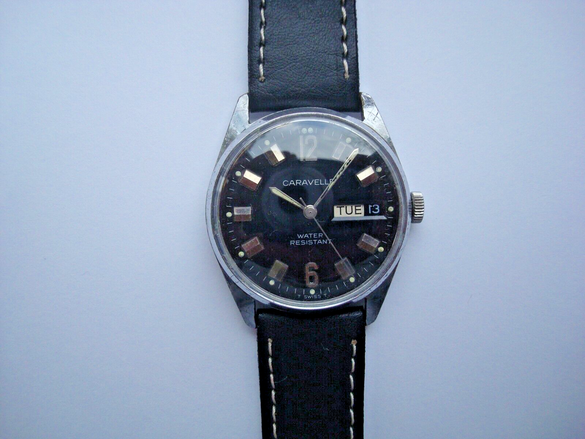 Caravelle Bulova M9 Mens Watch Manual Wind up Black Dial Day