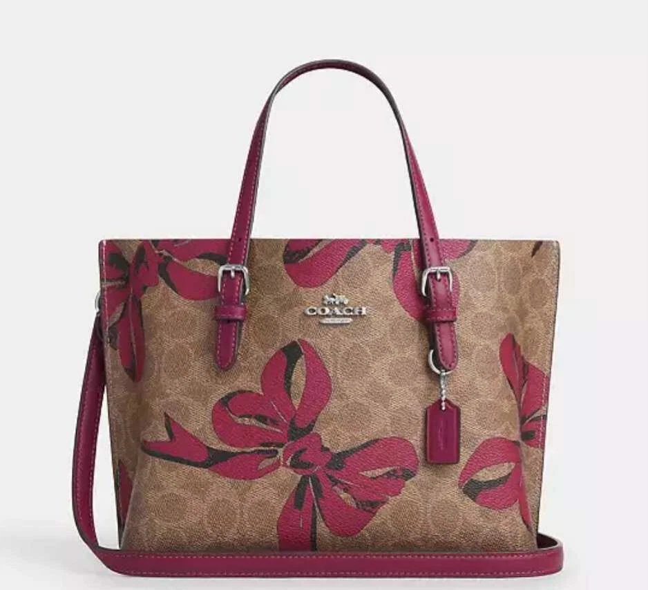 Nuova borsa Coach Mollie Tote Bag 25 in tela firmata e pelle stampa fiocco marrone rosa