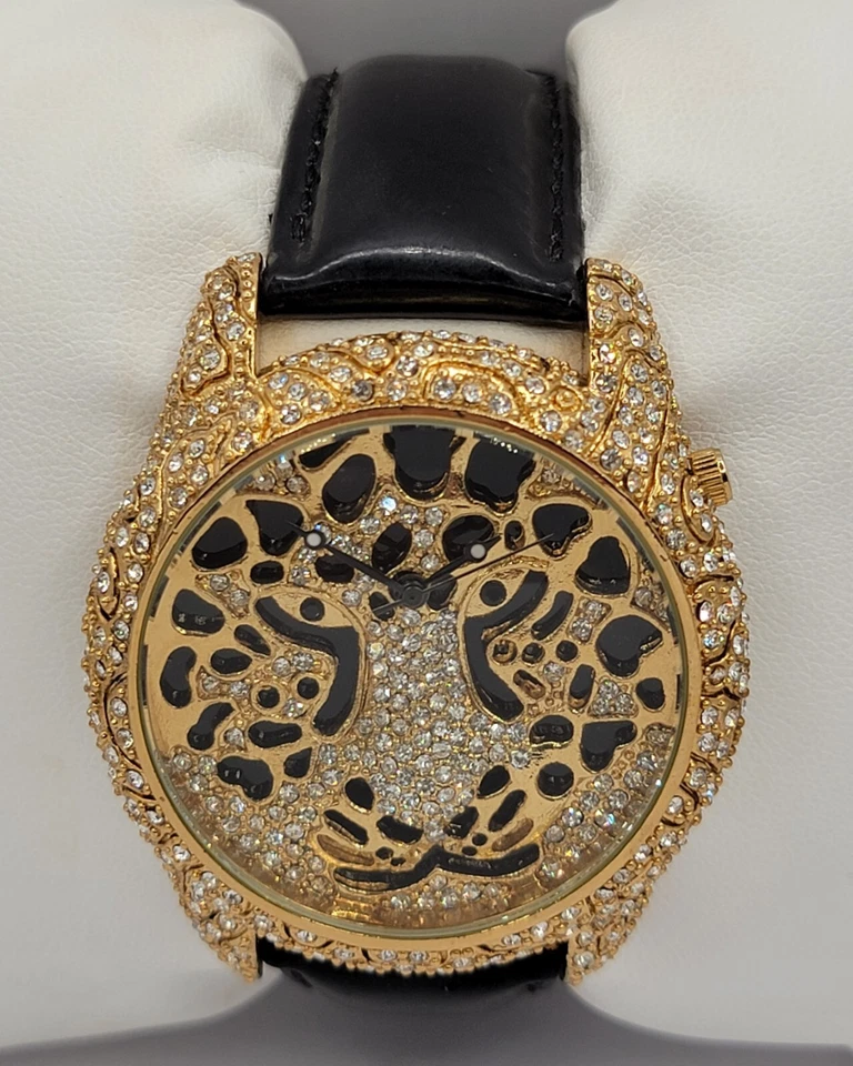 Relógio feminino Rocawear elegante cabeça de leopardo tom dourado couro preto RL0227 F4 - Imagem 4 de 4