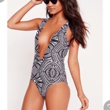 Missguided Tribal Print Plunge One Piece Swimsuit Size 8