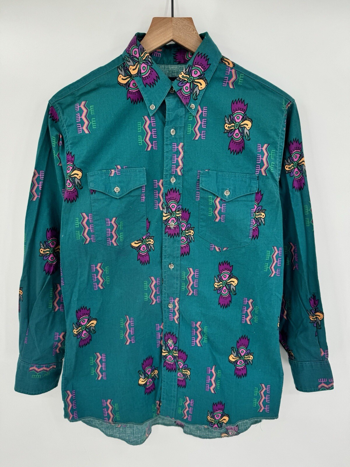 Vintage Wrangler Aztec Cowboy Cut Long Sleeve Shirt Tribal Pattern Size Large