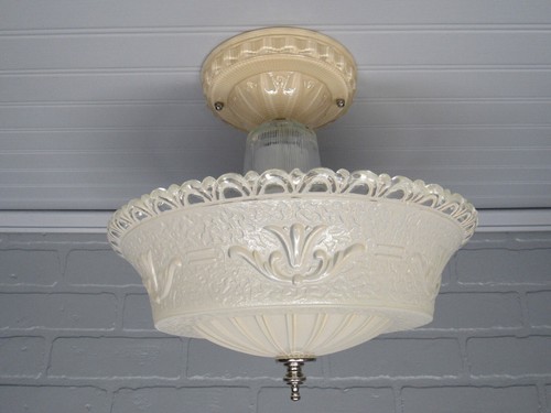 Vintage Art Deco Glass Ceiling Light Peachy Pink Rewired UL Semi Flush Mount 11" - Picture 11 of 12