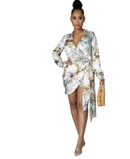 Women's Tropical Print long sleeve wrap dress size small boho chic artsy