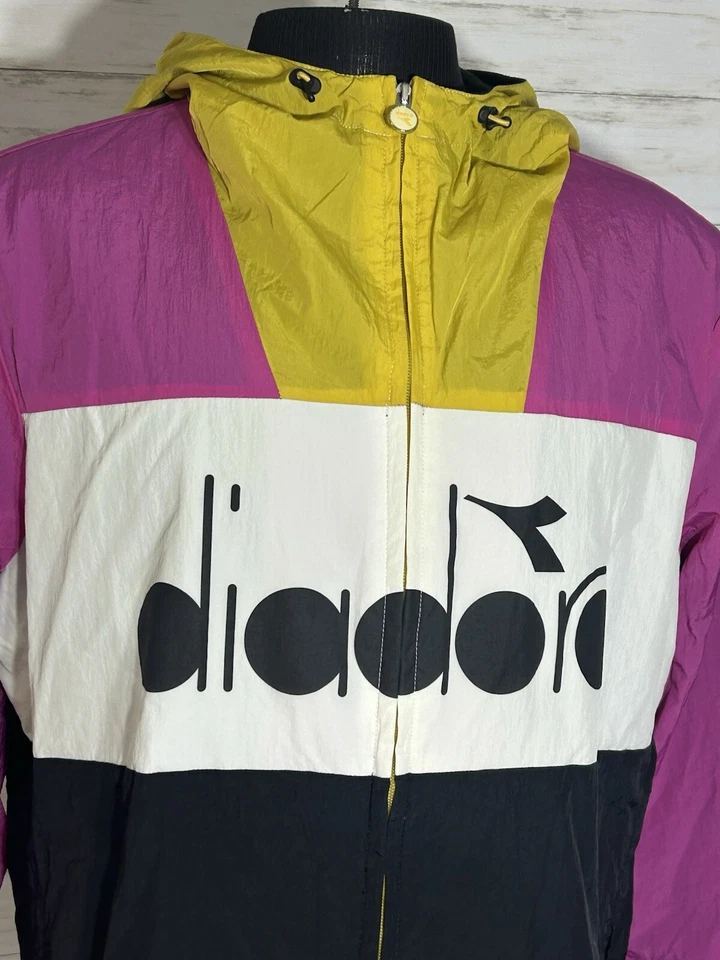 MINTY! Diadora Jacket Mens MEDIUM Pink White Black Yellow Full Zip Track Coat - Image 2 of 4