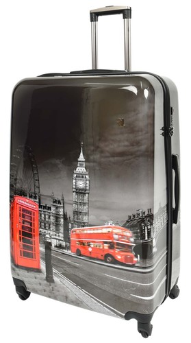 4 Wheel Luggage Hard PC Lightweight Suitcases Travel Bags London Landmarks Print - Picture 4 of 26