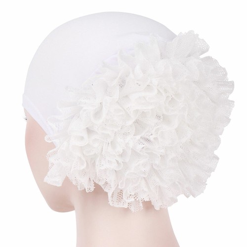 Women Solid Color Turban Hat Slouchy Big Lace Flower Stretchy Hair Wrap Cap - Picture 3 of 11