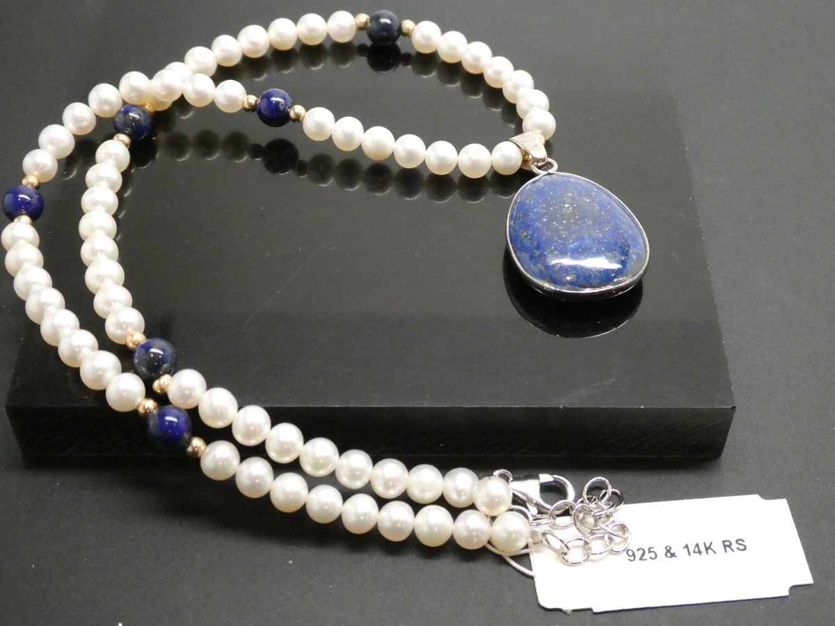 Ross Simons Lapis 5mm Pearl Necklace With 14KT YG Sterling Pendant Necklace