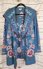 Adore Embroidered Sweater Hoodie Cardigan S Open Front Boho Teal Mid Length